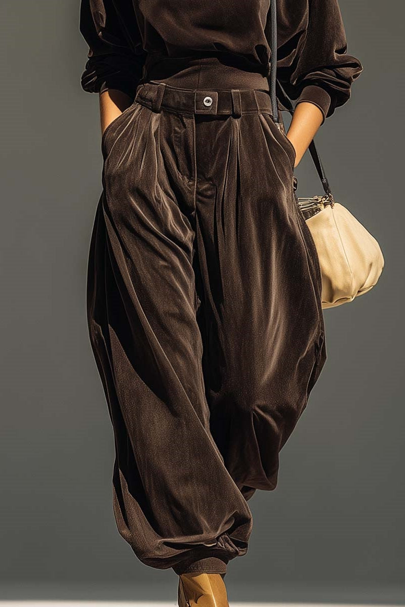 Vintage Brown Velvet Hoodie And Loose-Fitting Trousers Set(Includes Belt)