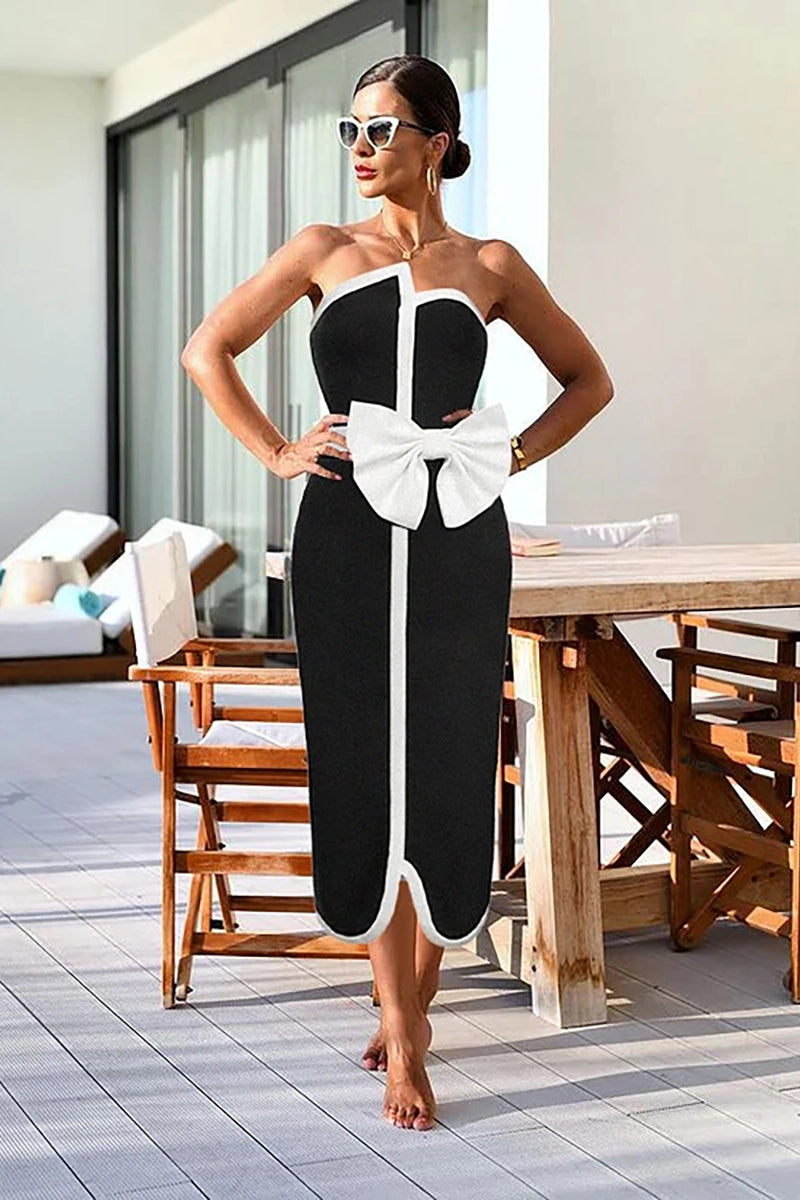 Bandeau badpak met kleurvlakken en strik