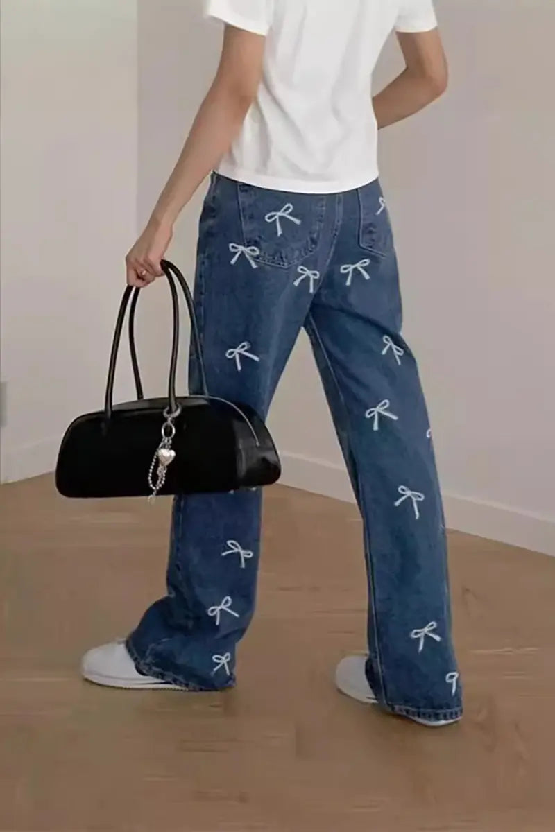 Bow Print Denim Pants