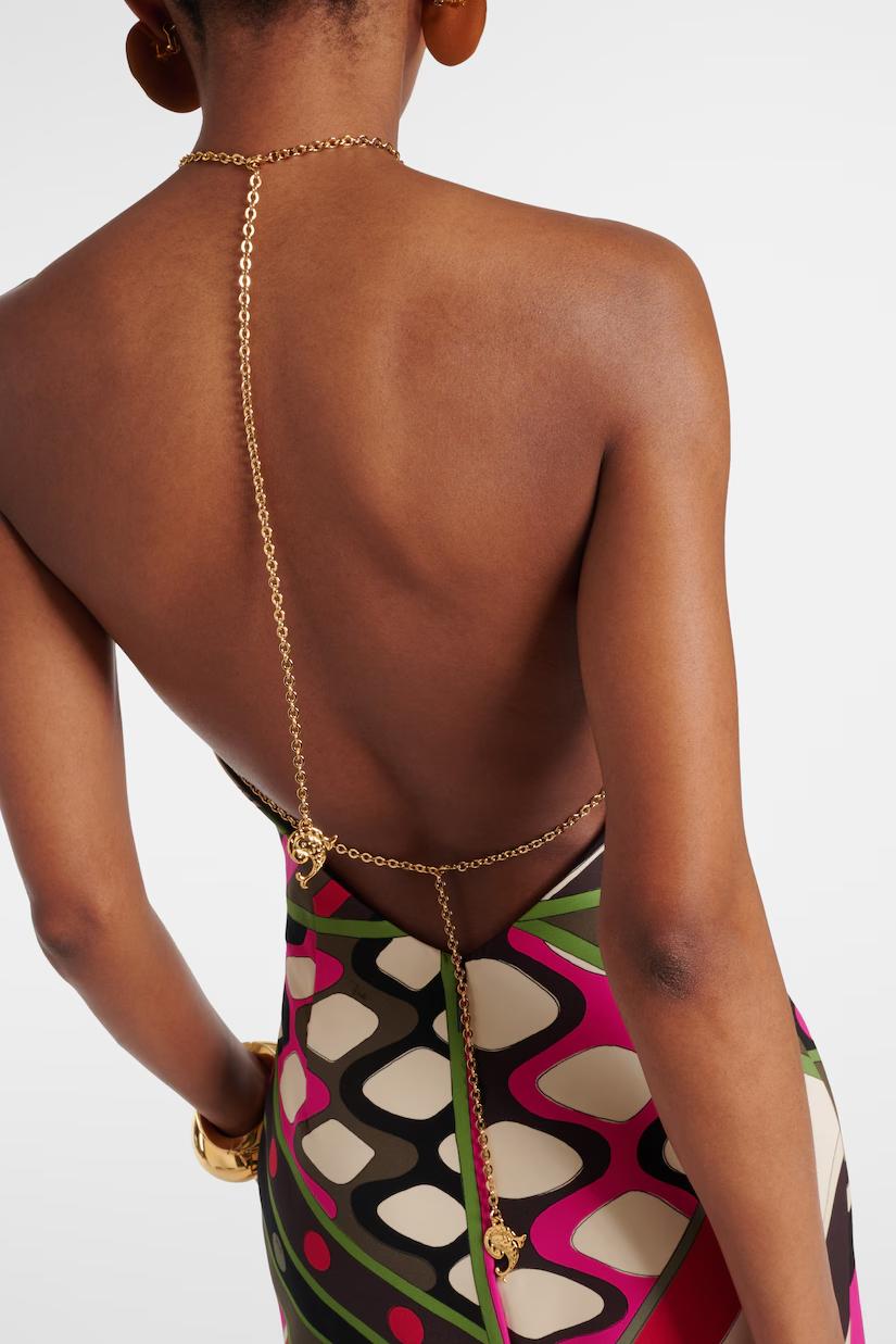 Fish Scale Print With Metal Chain Maxi Dress