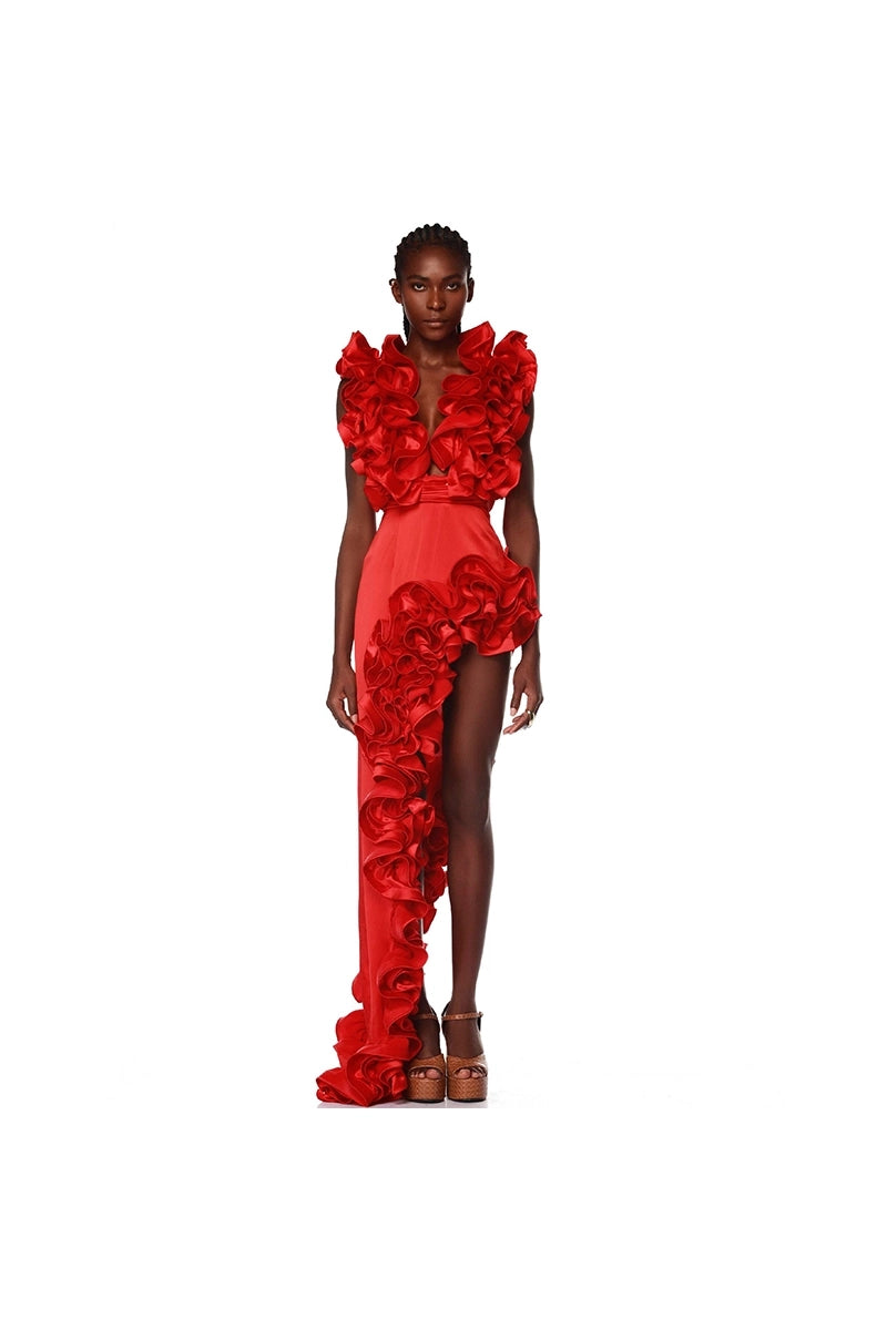 Ruffled V-Neck Red Asymmetrical Swimsuit Set