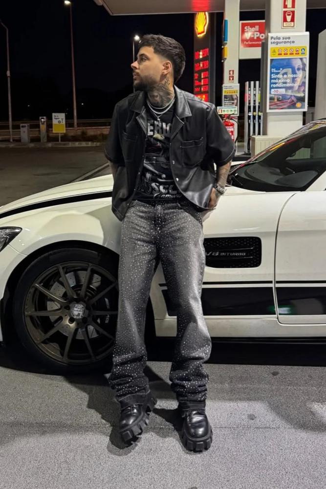 Crystal-Edged Black Flare Jeans