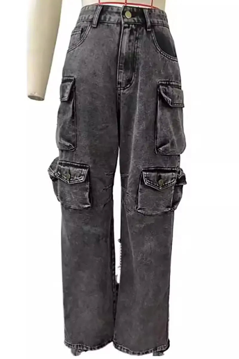 High-Waisted Cargo Jeans Trousers