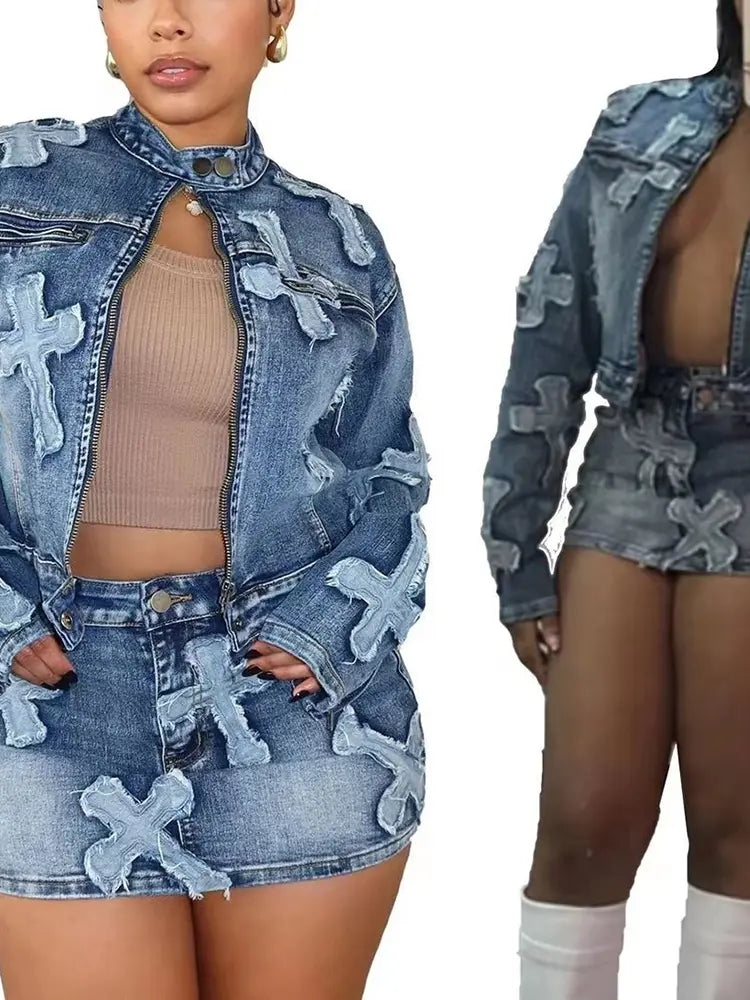 Designer Denim Skirt & Jacket Set