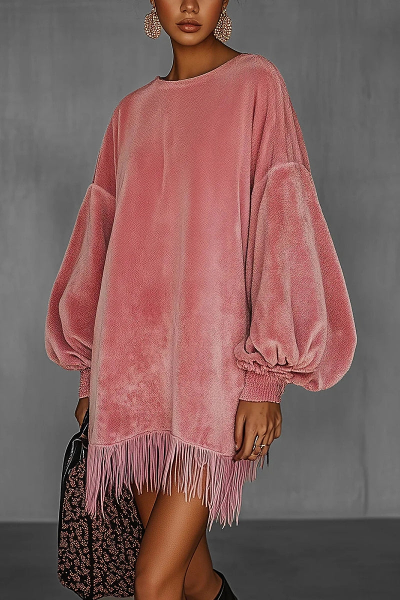 Oversized Pink Fringe Crew Neck Velvet Dress