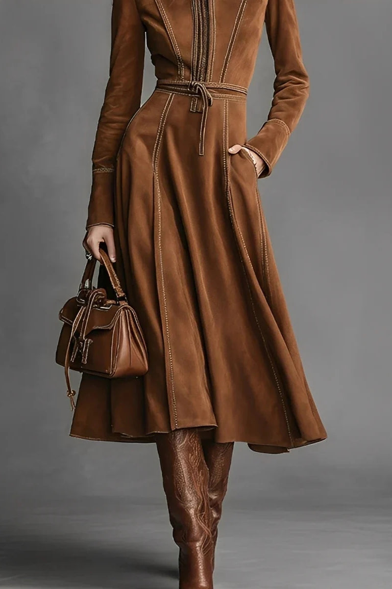 Brown Faux Suede Front Zipper Belted Elegant Maxi Dress
