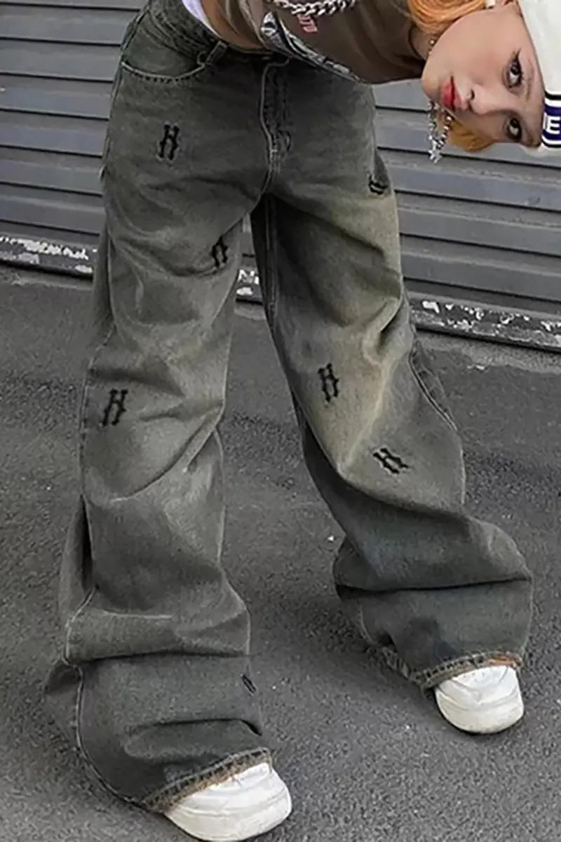 Vintage Gedrukte Rechte Jeans