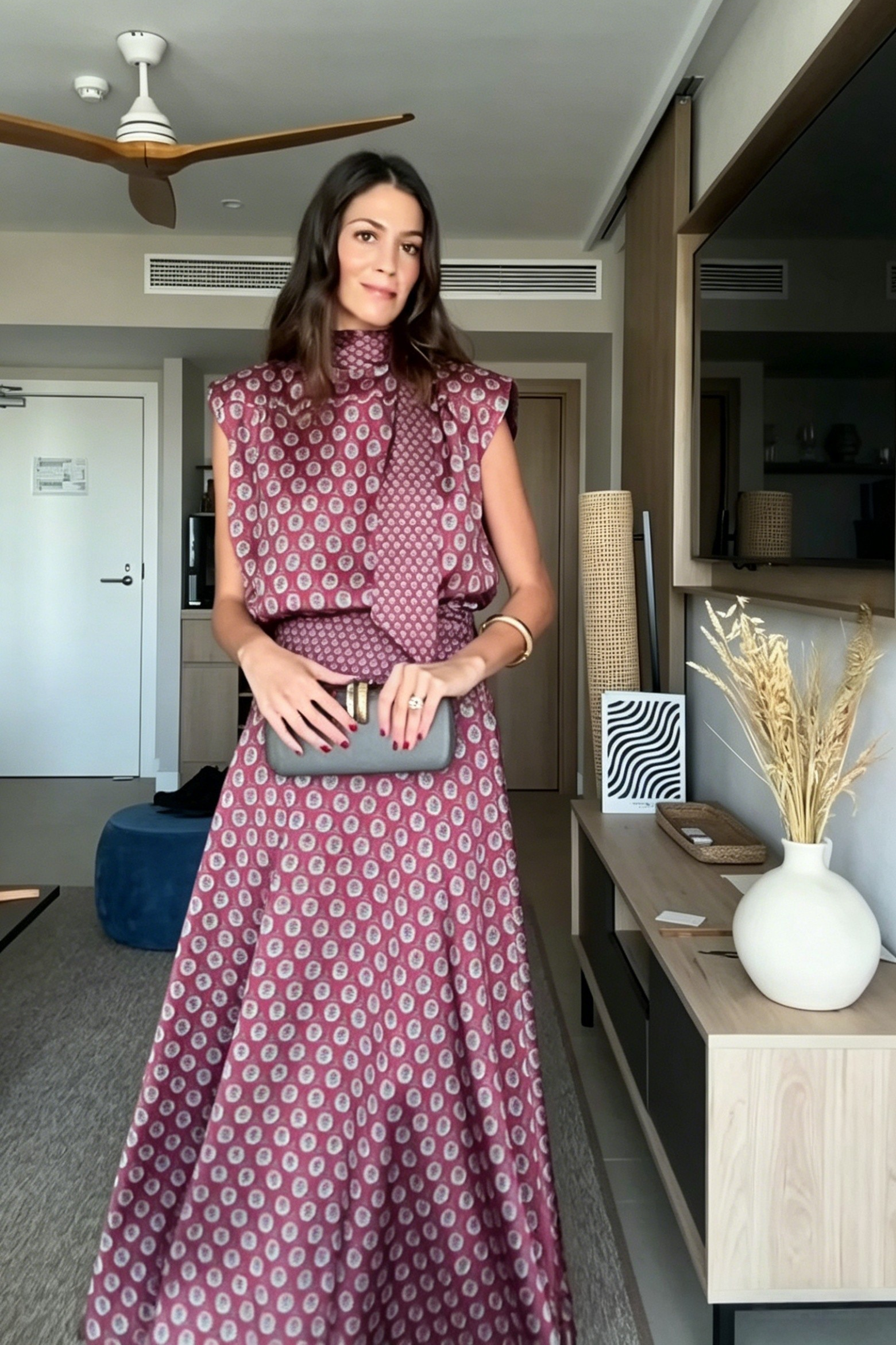 Retro Print Scarf Neck Top & Flowing Maxi Skirt Two-Piece Set