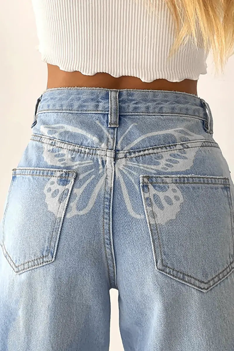 High-Waisted Printed Denim Pants