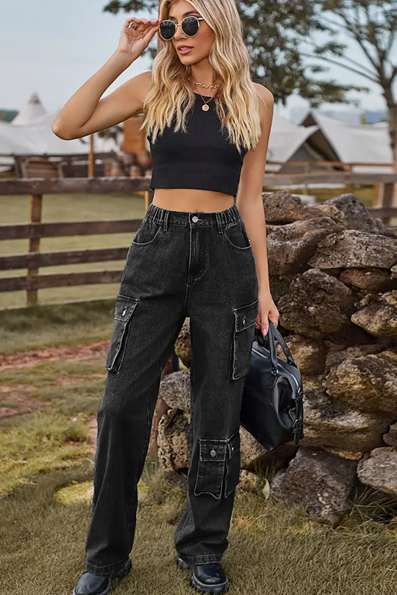 Gewassen denim broek met meerdere zakken