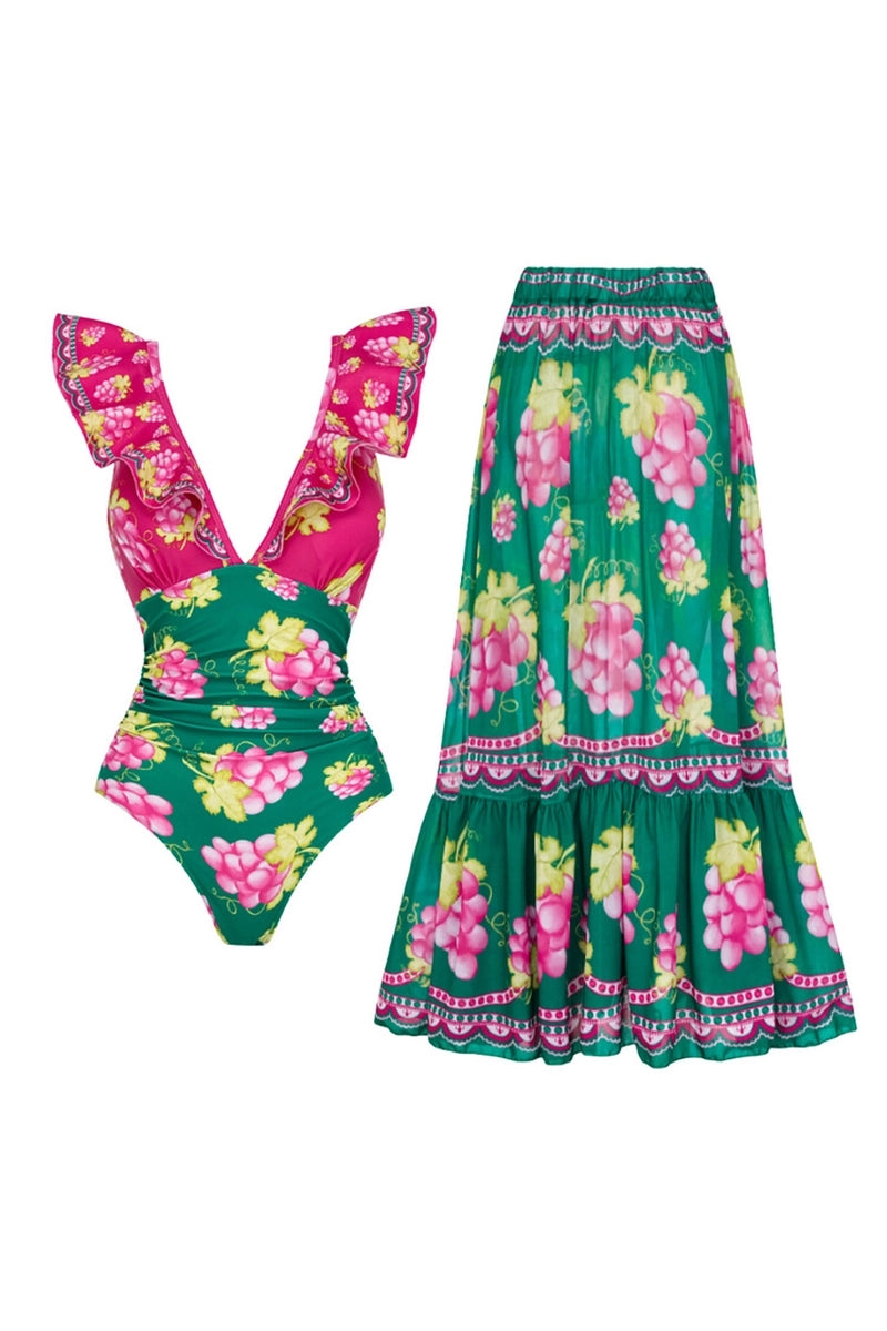 Ruffled Ruched One-Piece Maxi Skirt Set