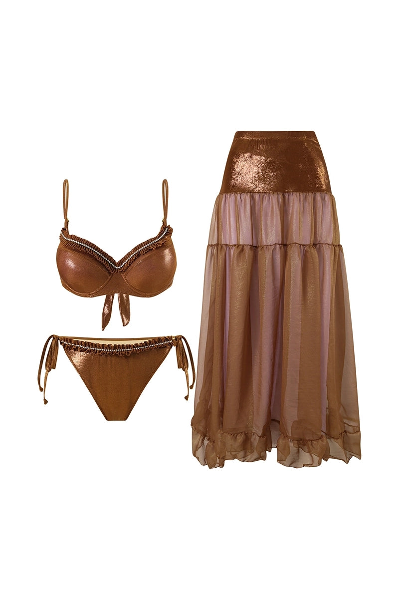 Gerimpelde strik bruine glanzende bikini set