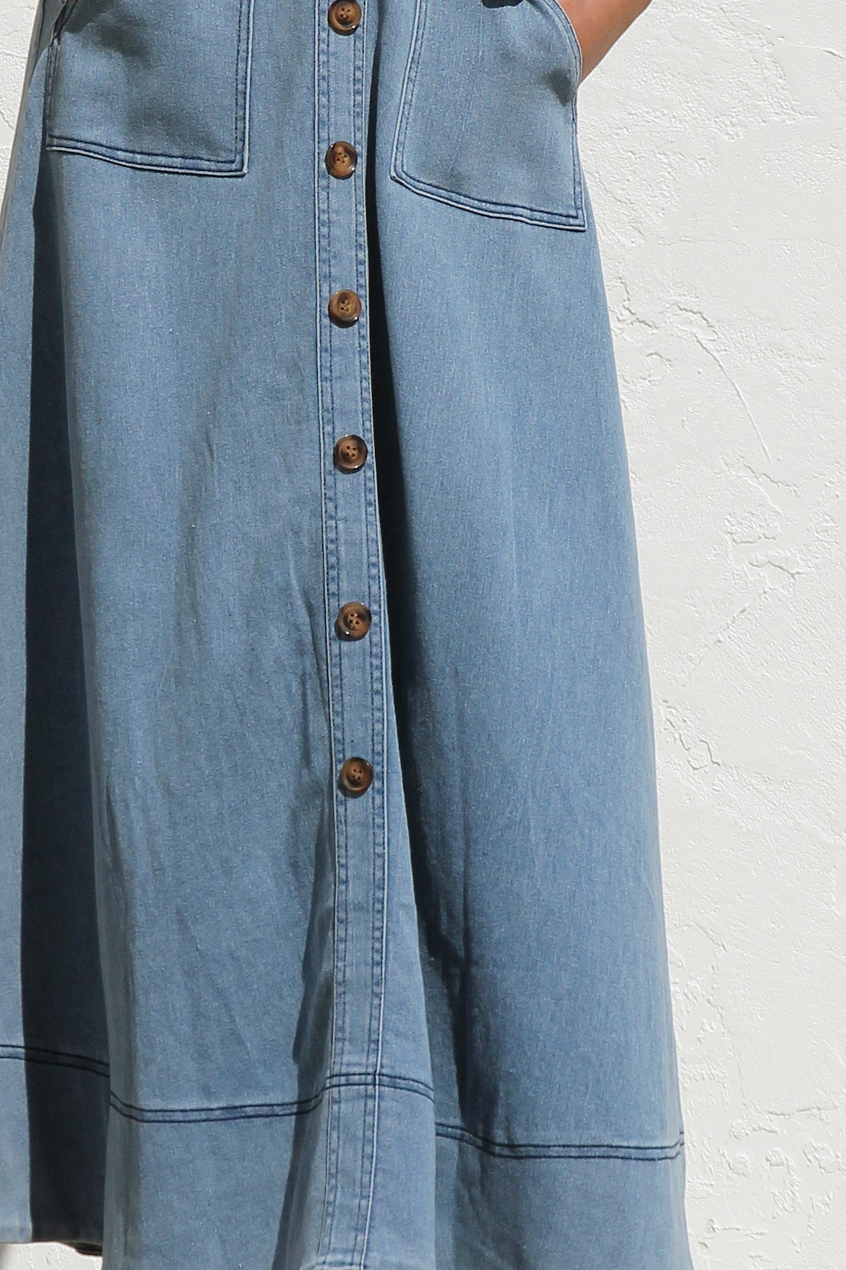 DENIM SUSPENDER CASUAL BUTTON MIDI DRESS-Blue