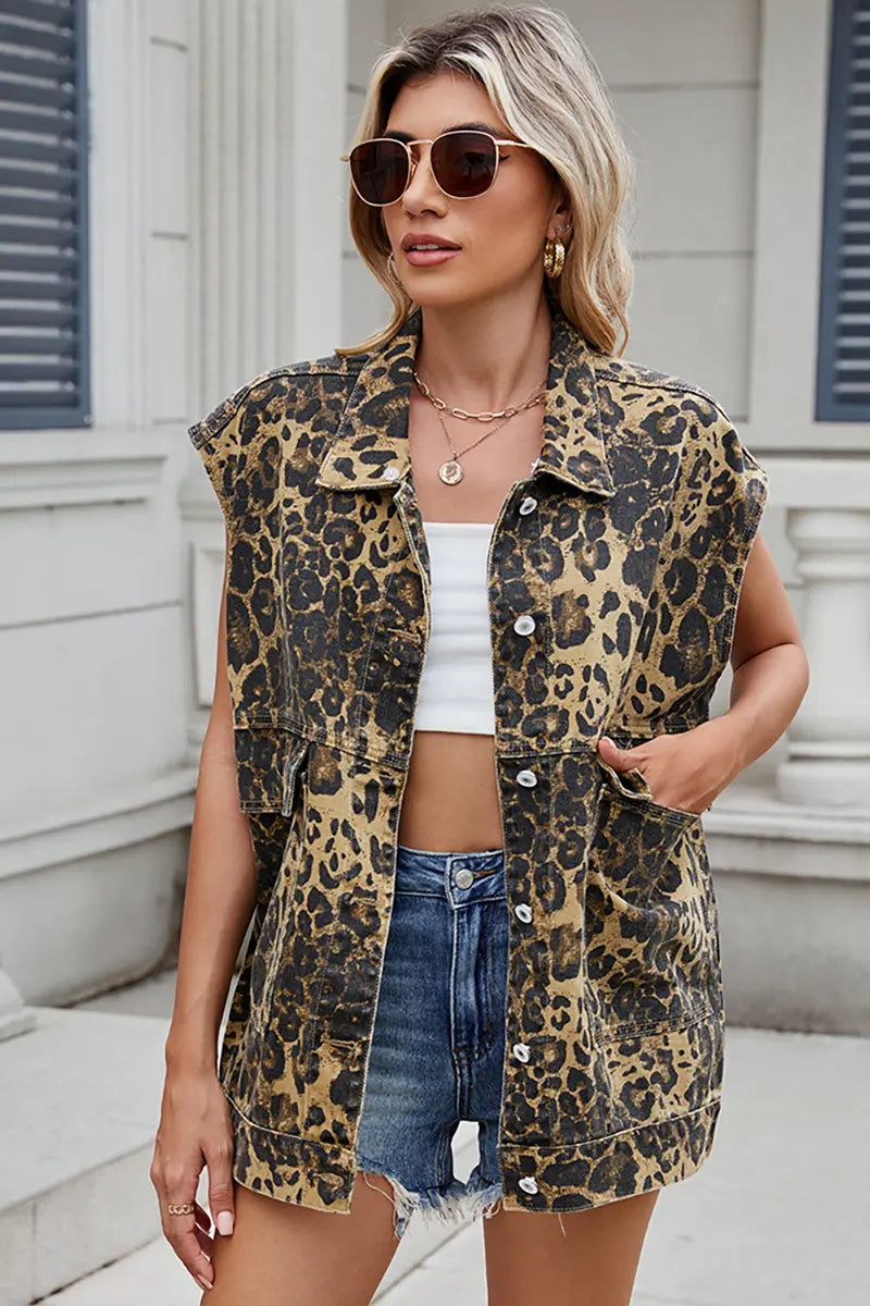 Loose-Fit Leopard Print Denim Vest