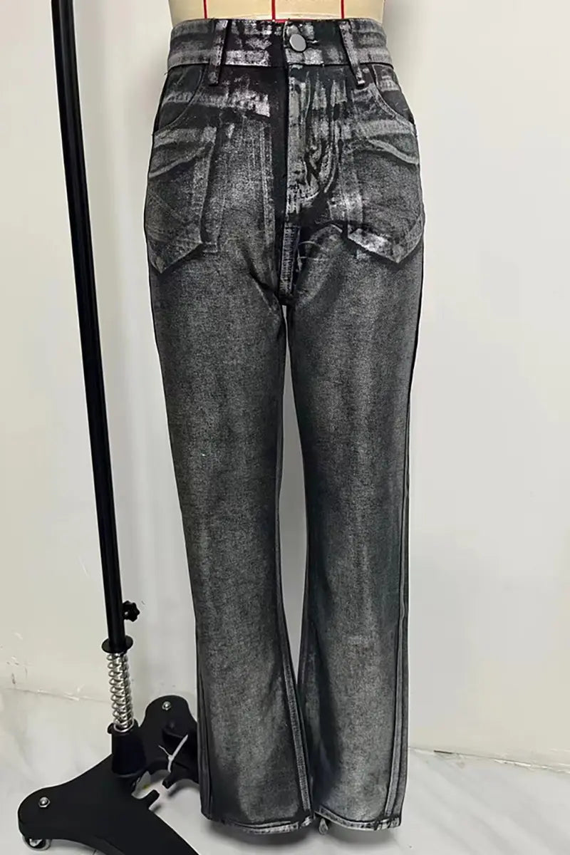Metallic Accent Hoge Taille Jeans