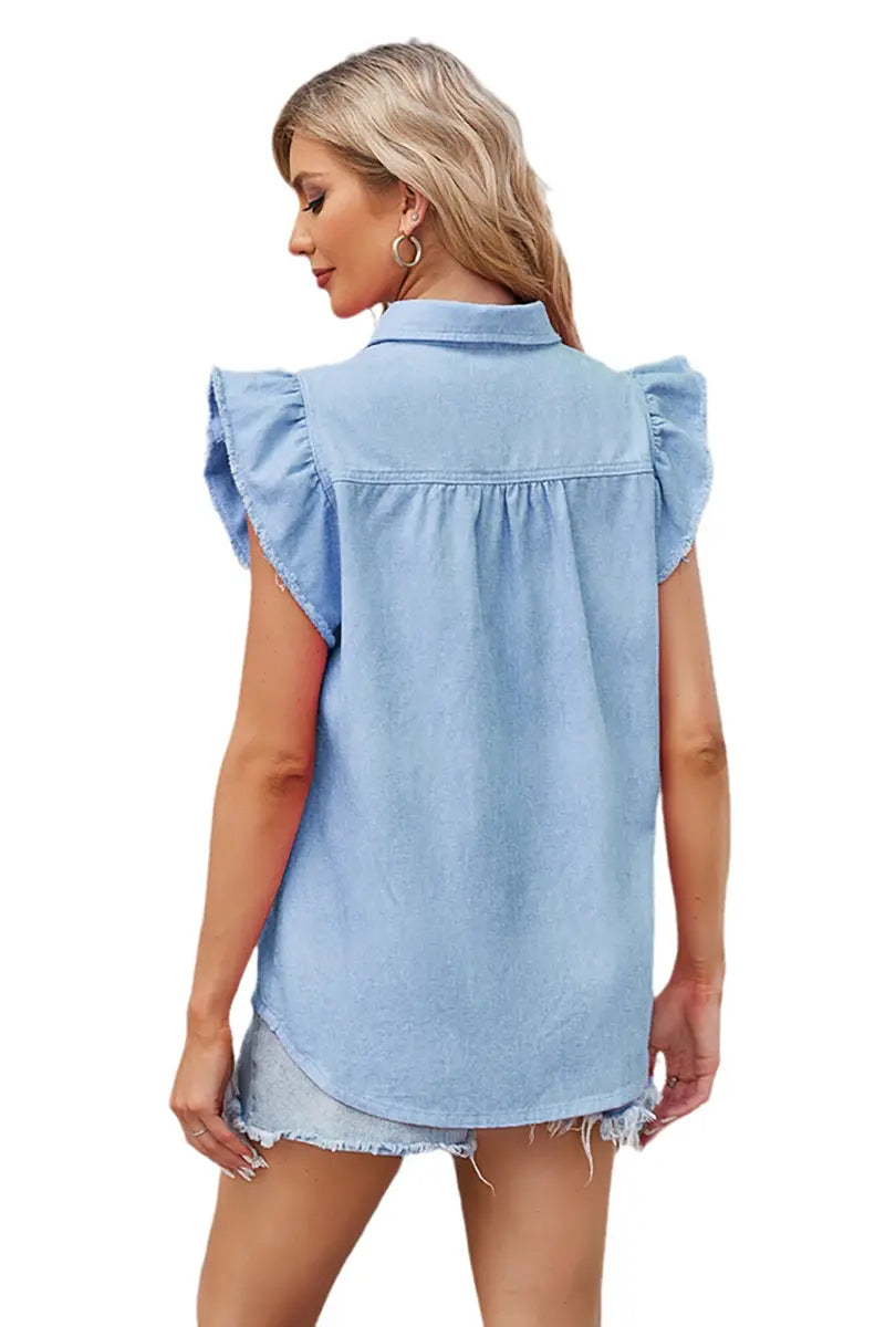 Denim blouse met knopen en ruches aan de mouwen