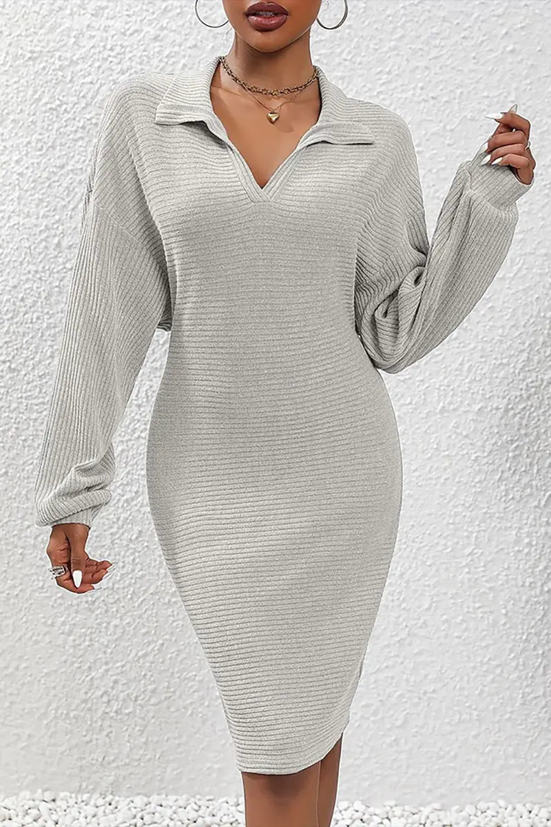 Knit Long-Sleeve V-Neck Bodycon Dress