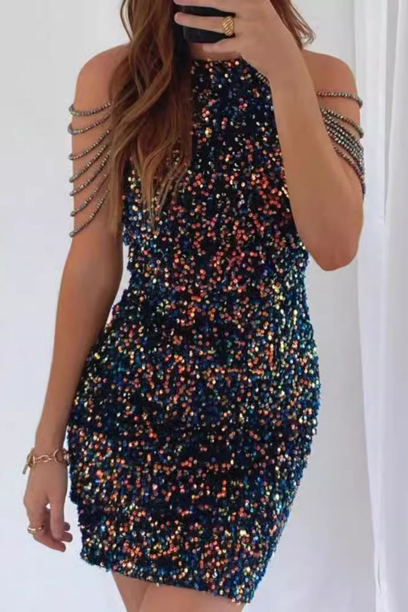 Crystal Chain Halter Sequin Gown