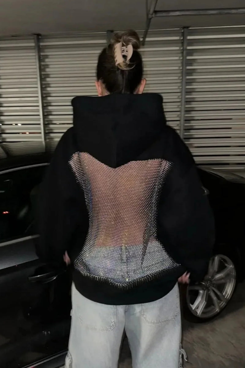 Backless Sheer Mesh Hoodie