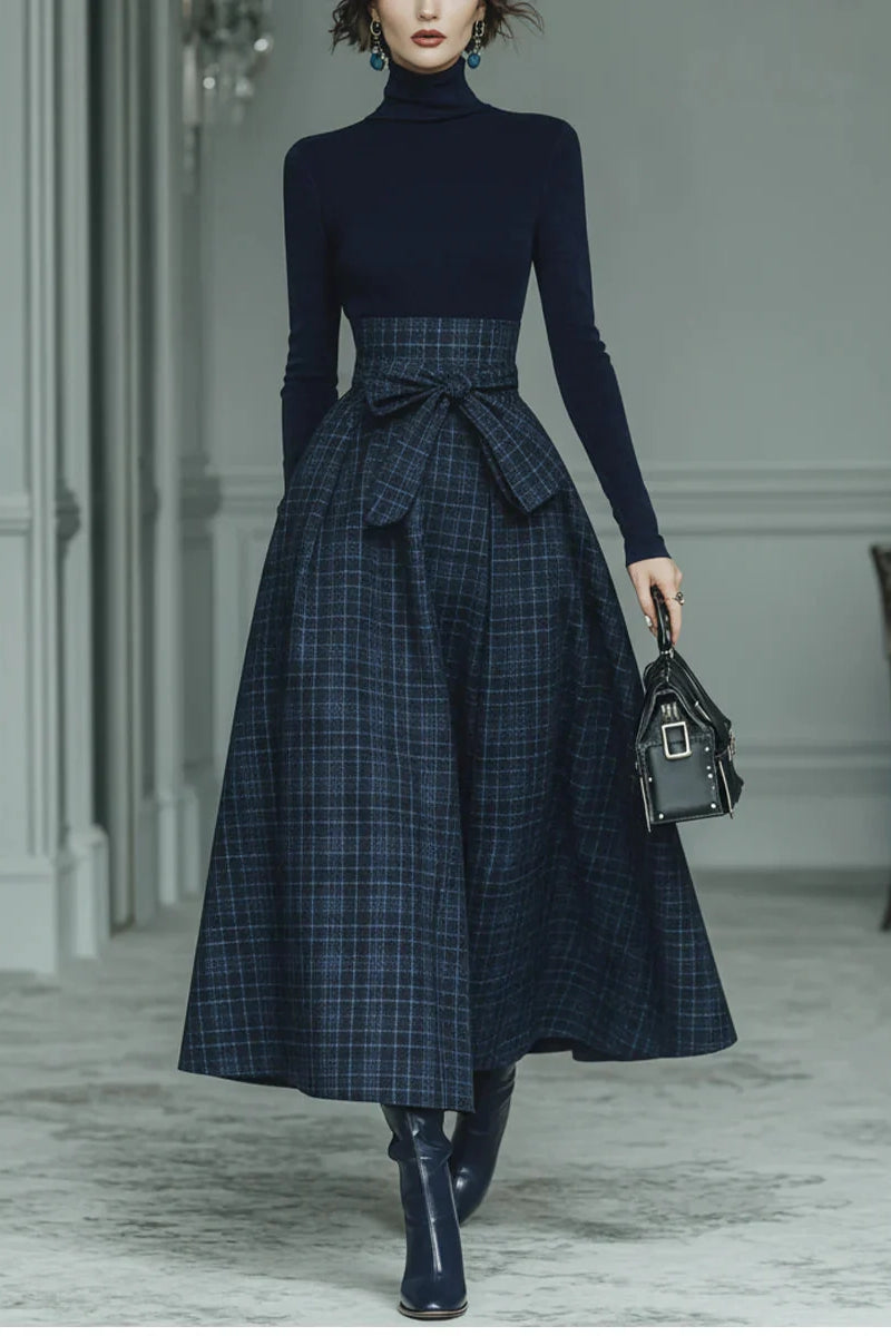 Dark blue turtleneck stretch top and plaid skirt set