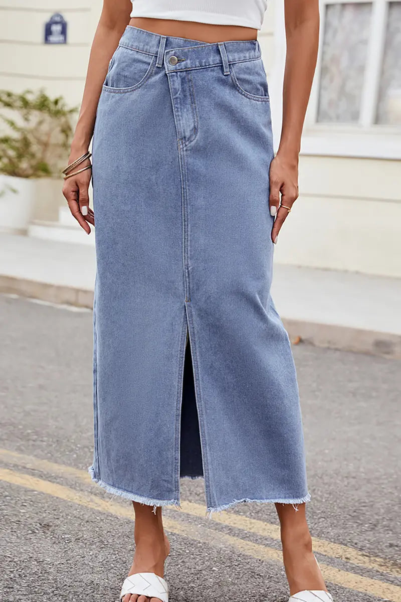 Gewassen asymmetrische denim splitrok