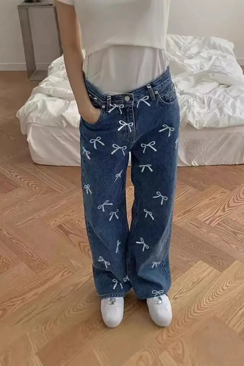 Bow Print Denim Pants
