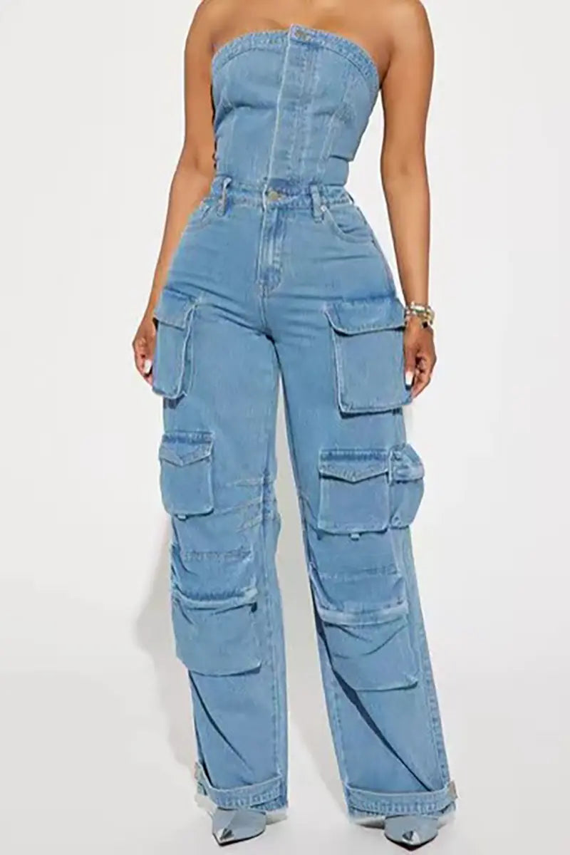 Streetstyle strapless denim jumpsuit