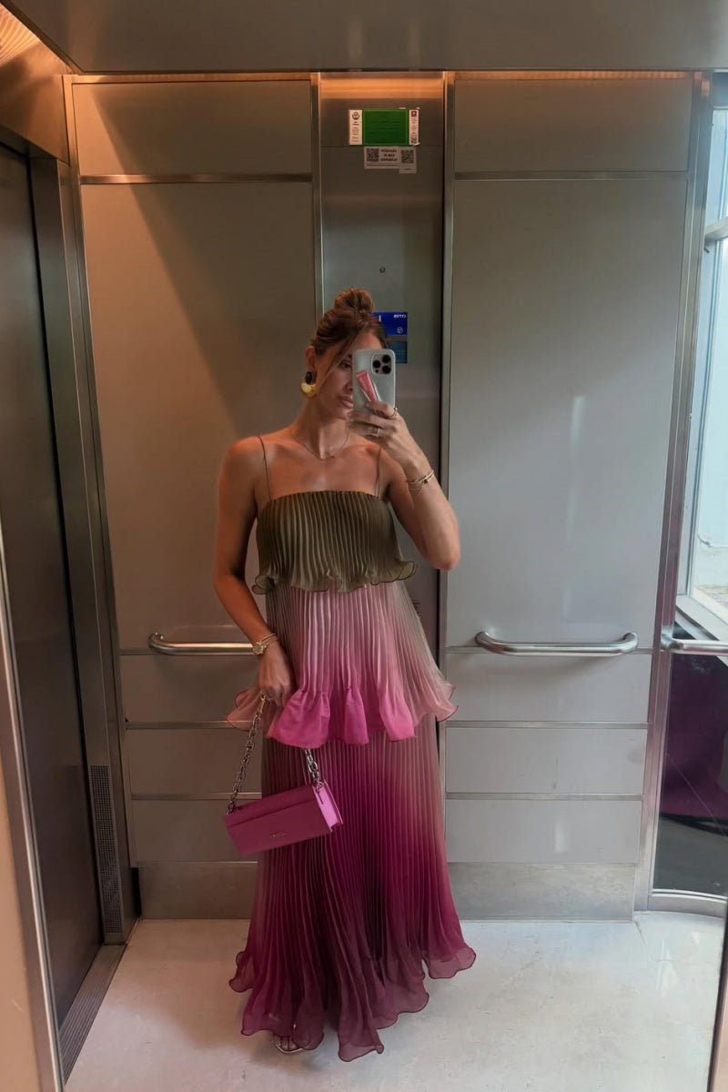 Ombre Katlı Fırfırlı Maxi Elbise