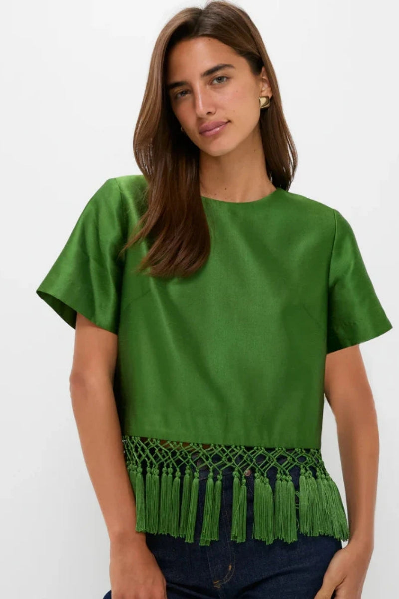Green Satin Fringe Top