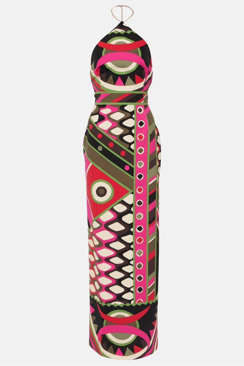Fish Scale Print With Metal Chain Maxi Dress