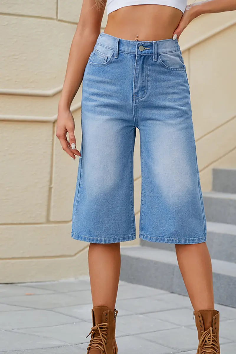 Gewassen elastische denim capri broek