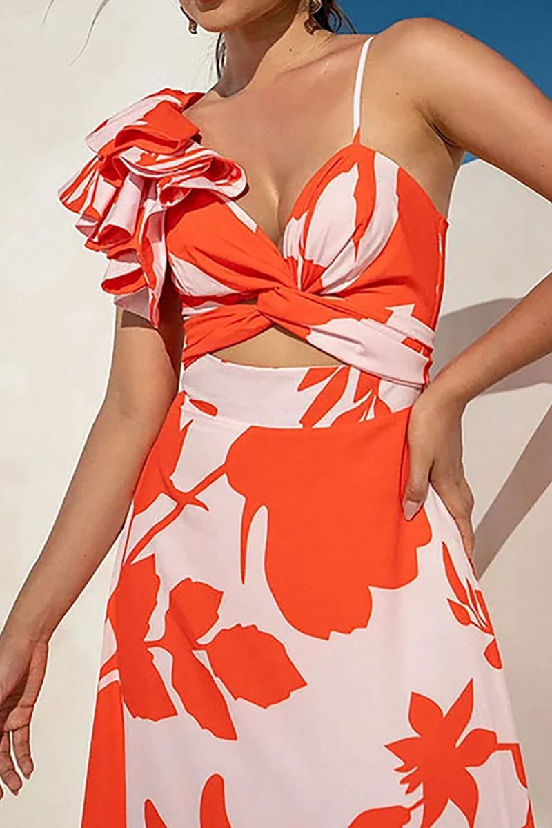 Ruffle Floral Print One-Piece Swimsuit Set