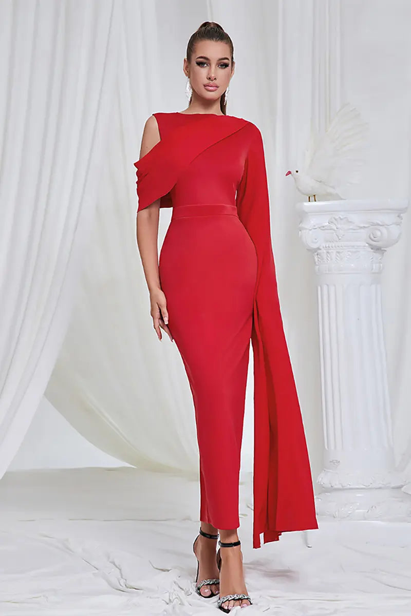 Asymmetrical Shoulder Slit Evening Dress