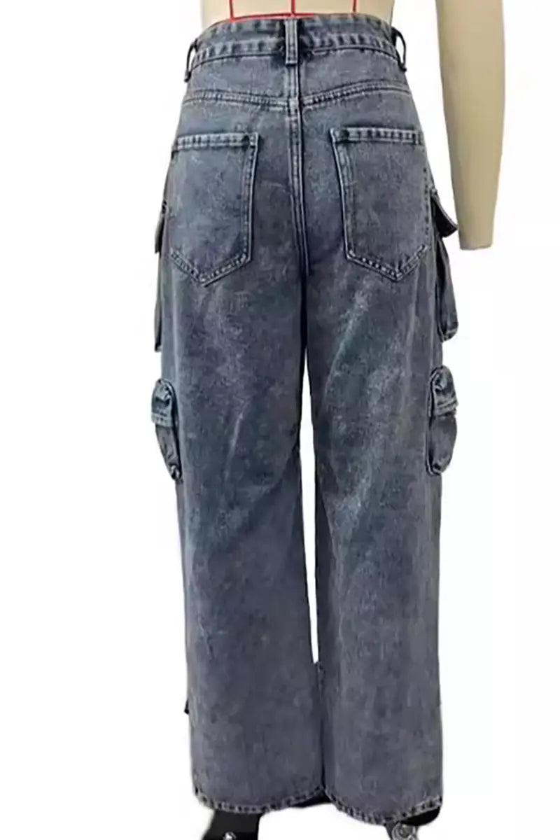 High-Waisted Cargo Jeans Trousers