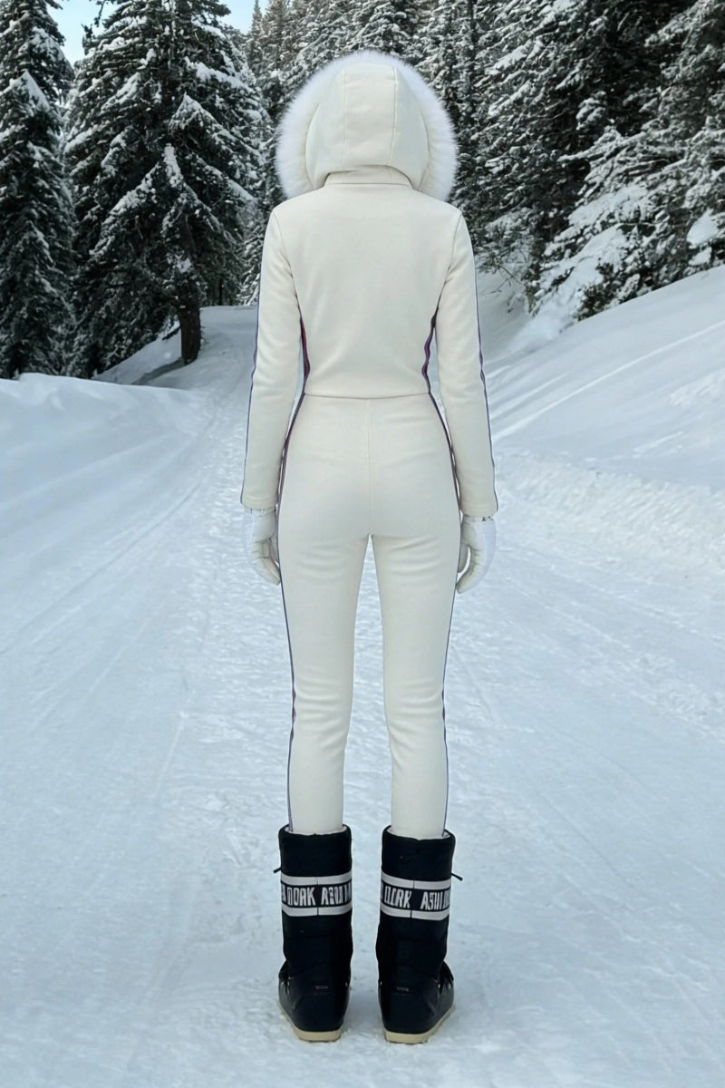 Cream Faux Fur Hood "SKI" Graphic Jumpsuit