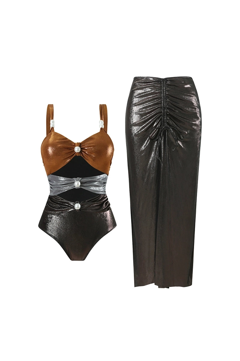 Pearl Cutout Swimsuit with Wrap Skirt Set