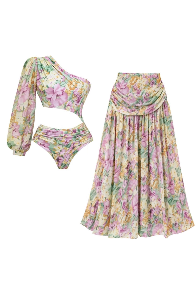 One Shoulder Cutout Floral Swimsuit Set