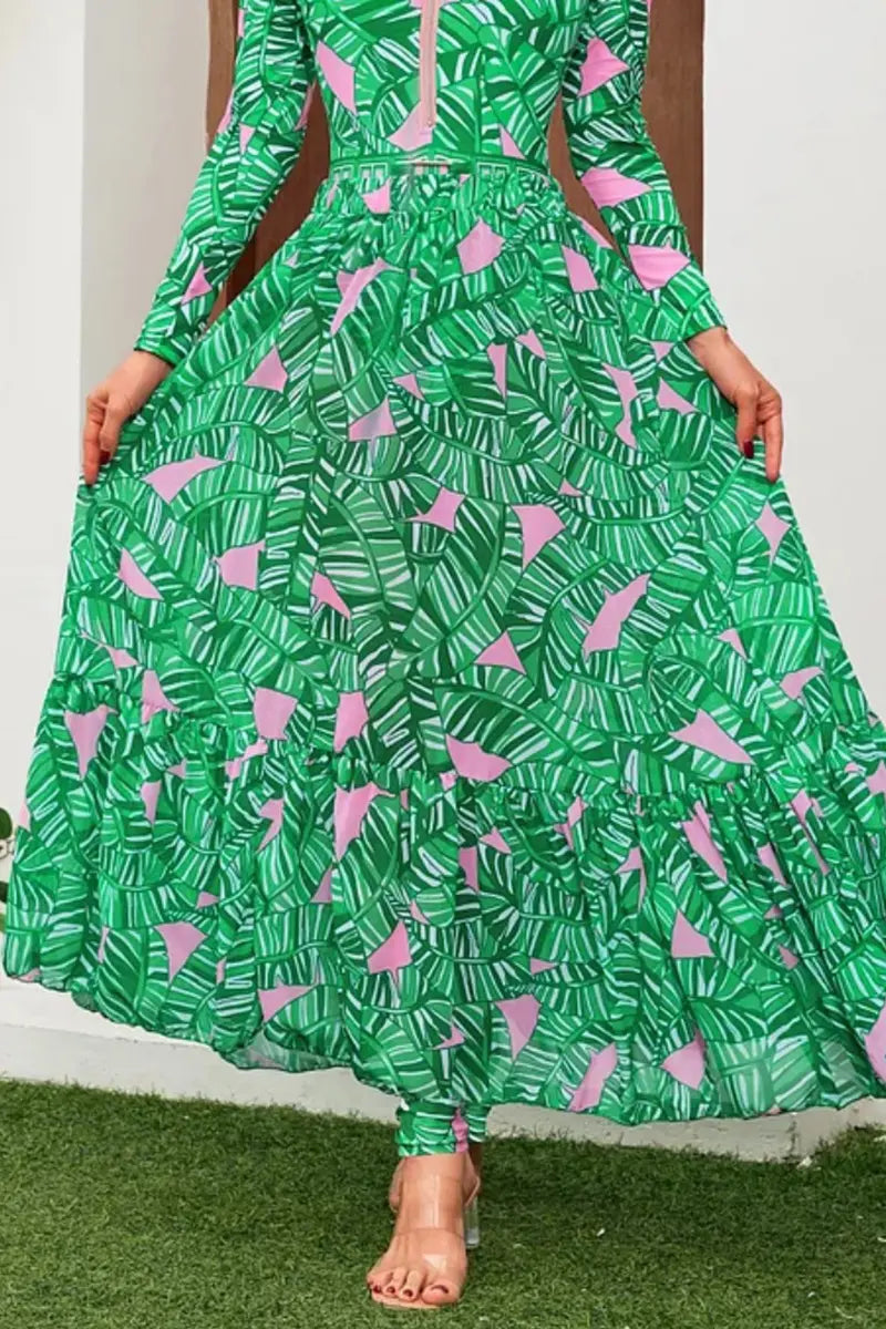 Groen Zip Lange Mouw Bedrukt Surf Badpak Set
