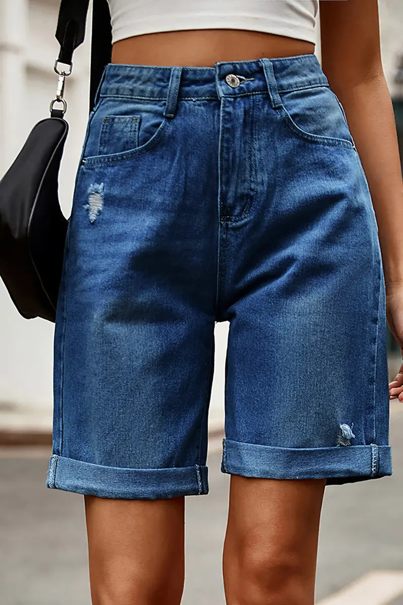 Distressed Cuffed Denim Bermuda Shorts