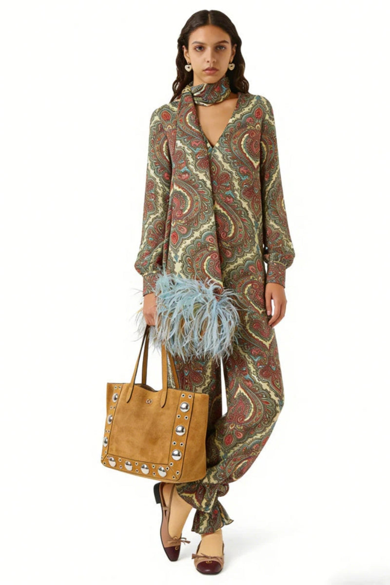 Paisley Print Relaxed Scarf Blouse & Elastic Hem Pants Set