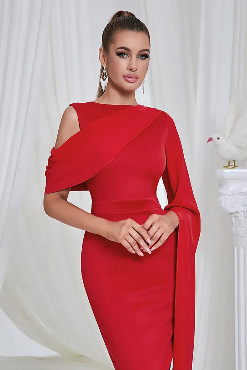 Asymmetrical Shoulder Slit Evening Dress