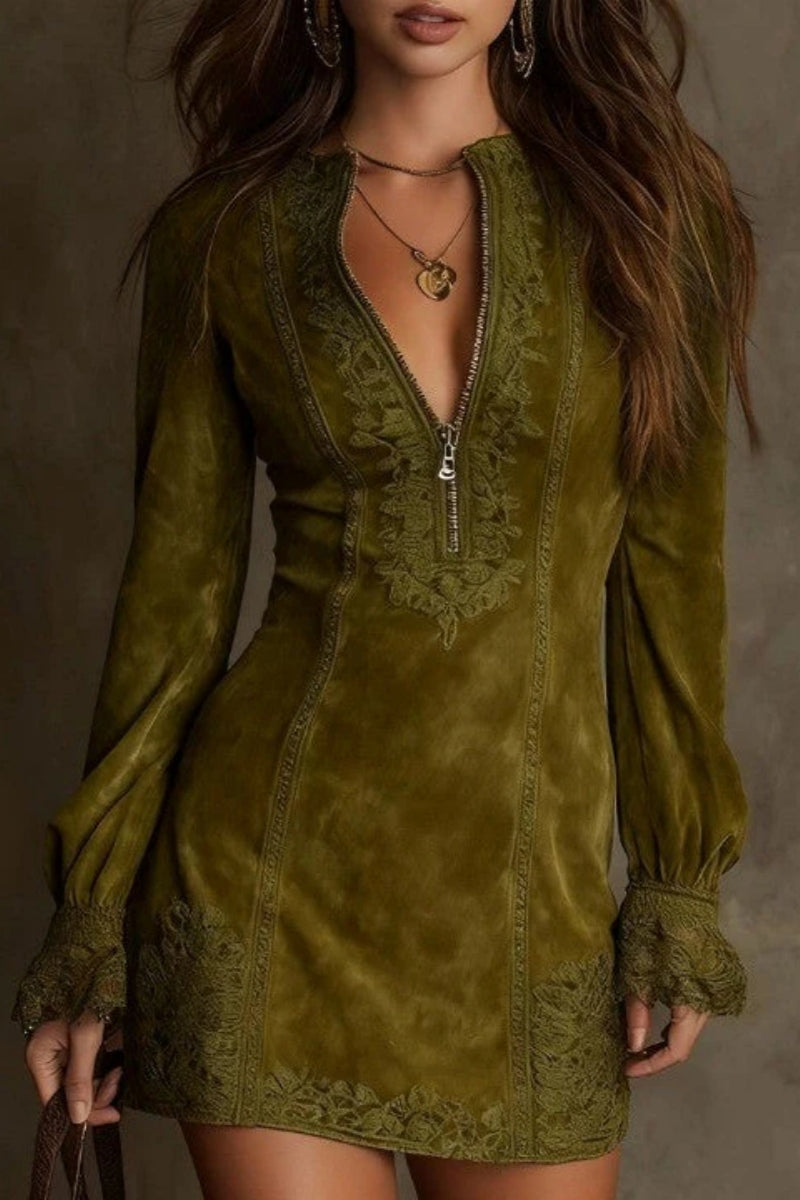 Vintage Blue Suede Lace Trim Mini Dress