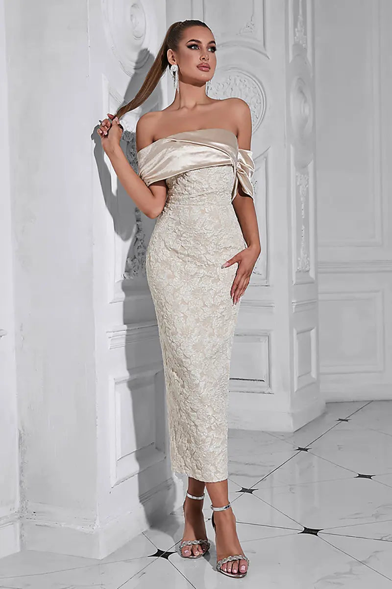 Bandeau Avondjurk met Jacquard en Rugsplit