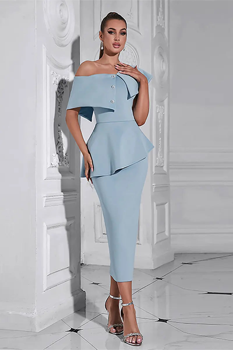 Blue Ruffled Off-Shoulder Dress