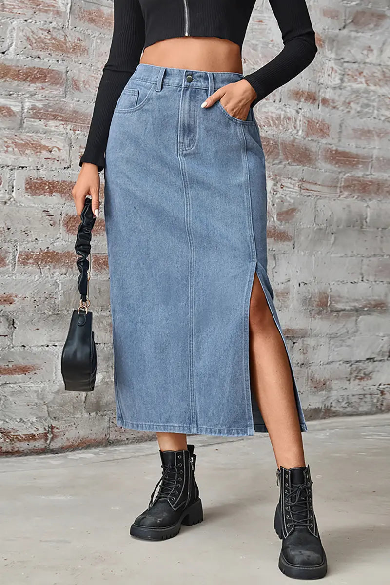 Elastic Waist Split Denim Skirt