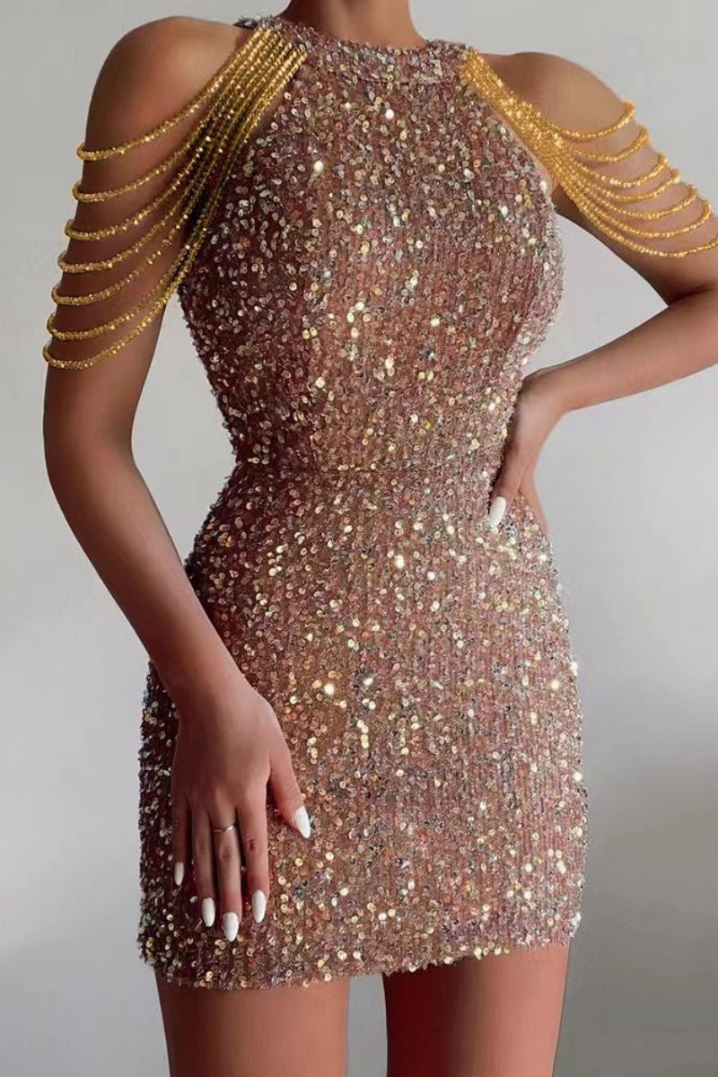 Crystal Chain Halter Sequin Gown
