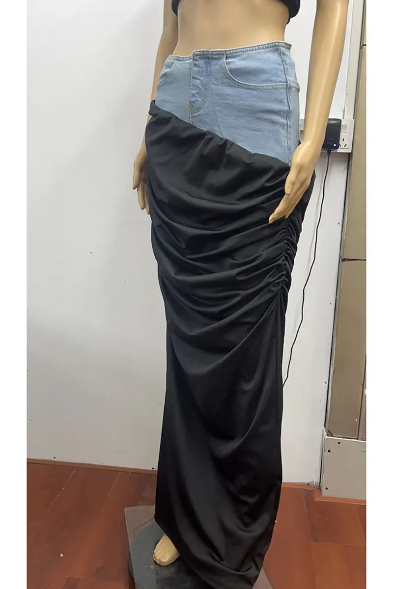 Black Ruched Denim Skirt