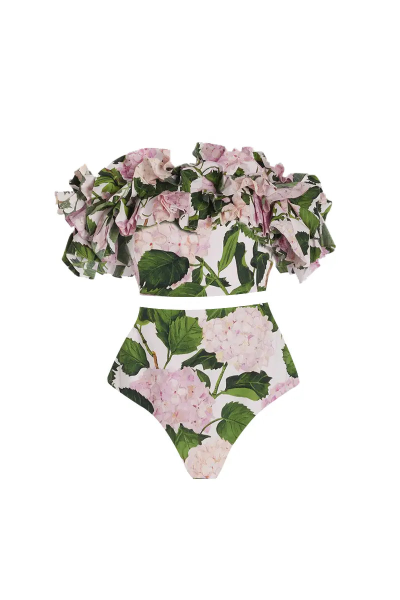 Ruffled Hydrangea Strapless Bikini Set