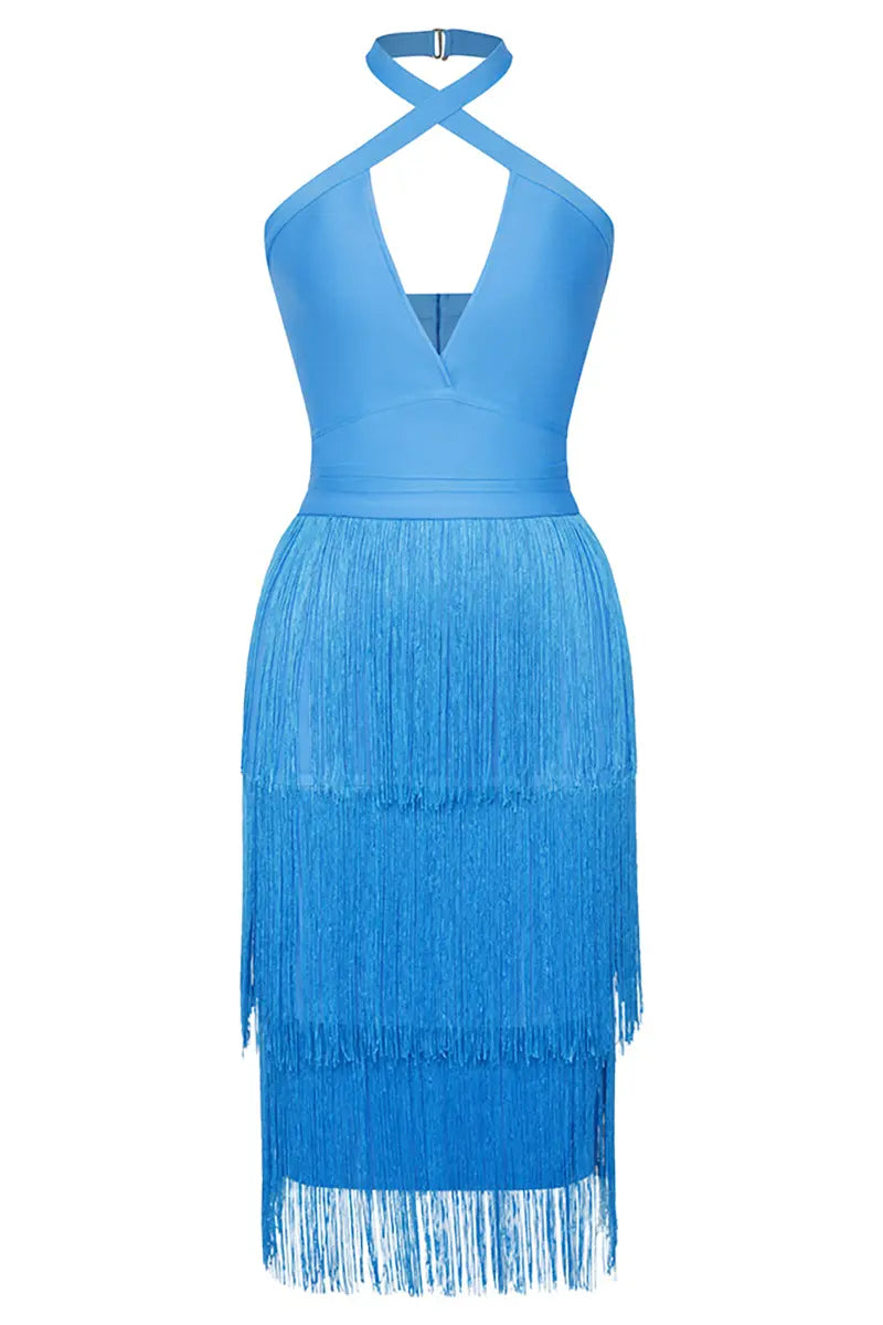 Halter Blue Fringe Bandage Dress