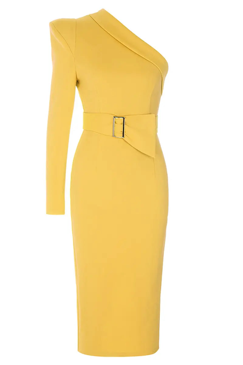 Asymmetrical One-Shoulder Belted Dress
